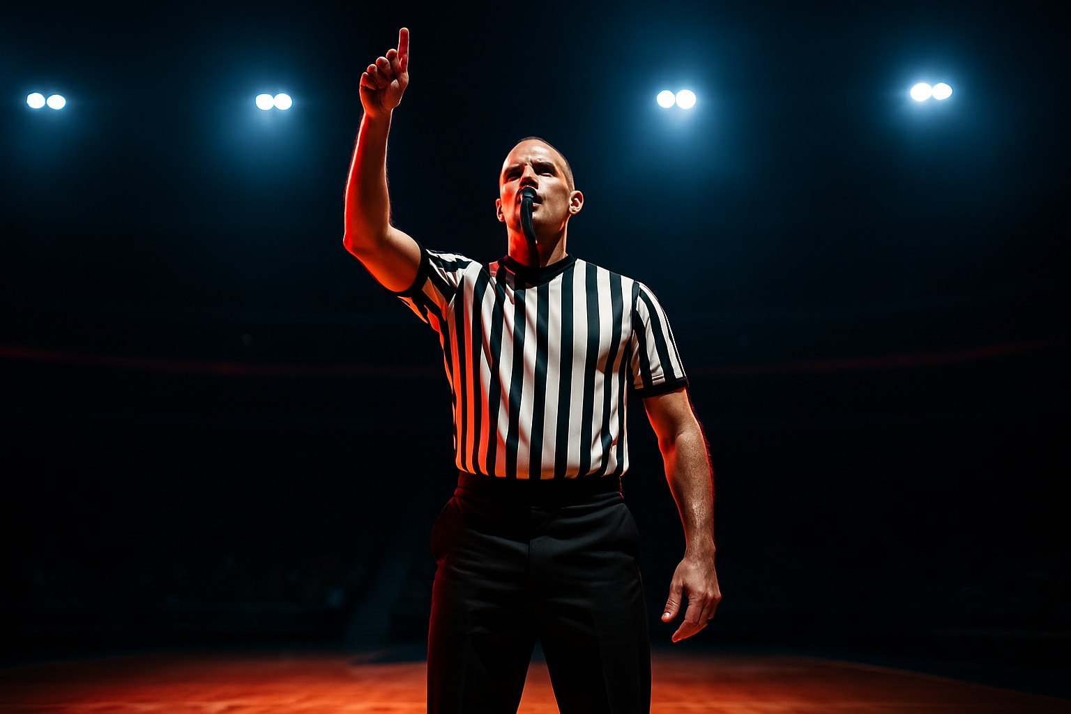 Basketball referee signaling a call at center court