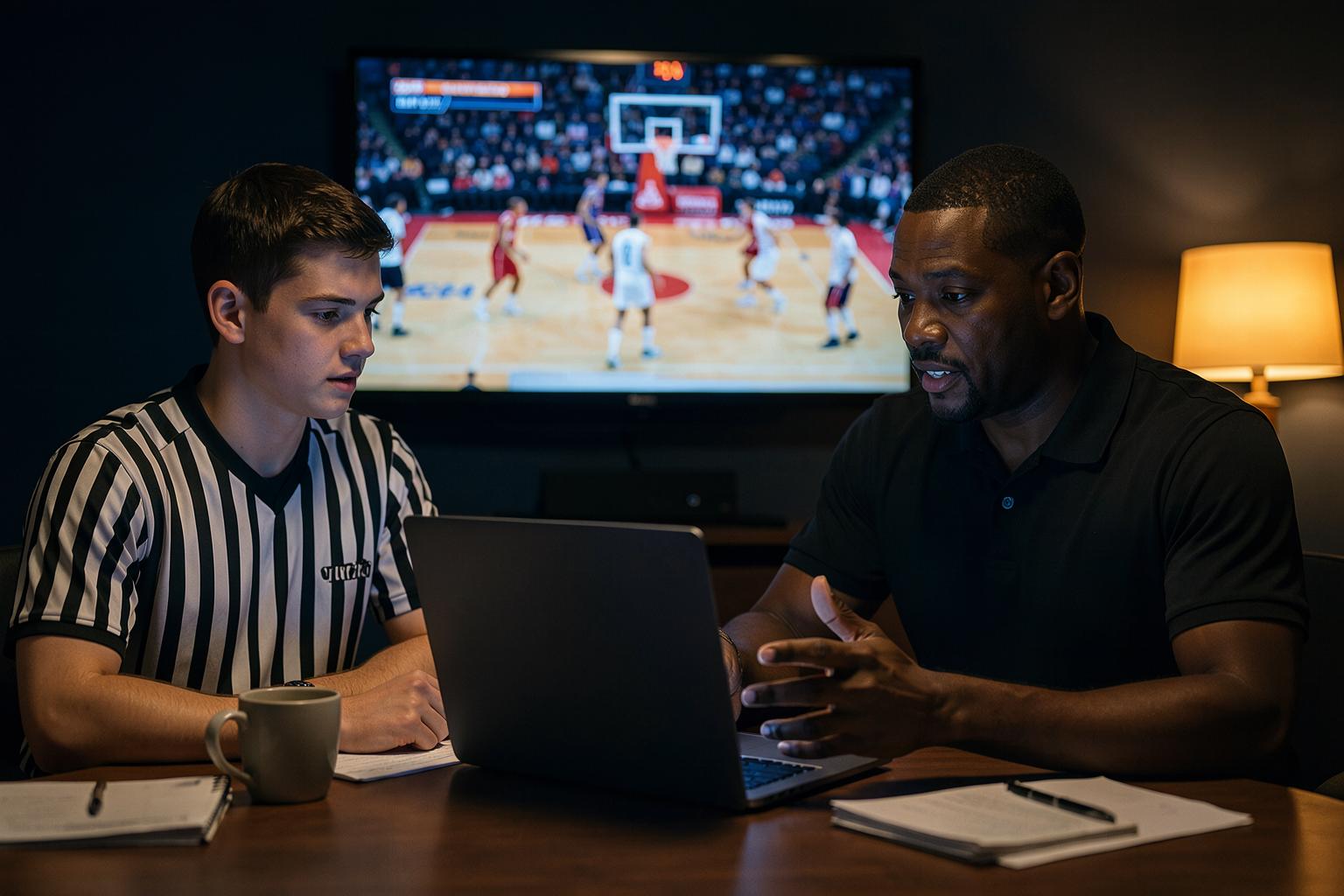 A GTCR instructor breaking down game footage in a film-review room with a student official